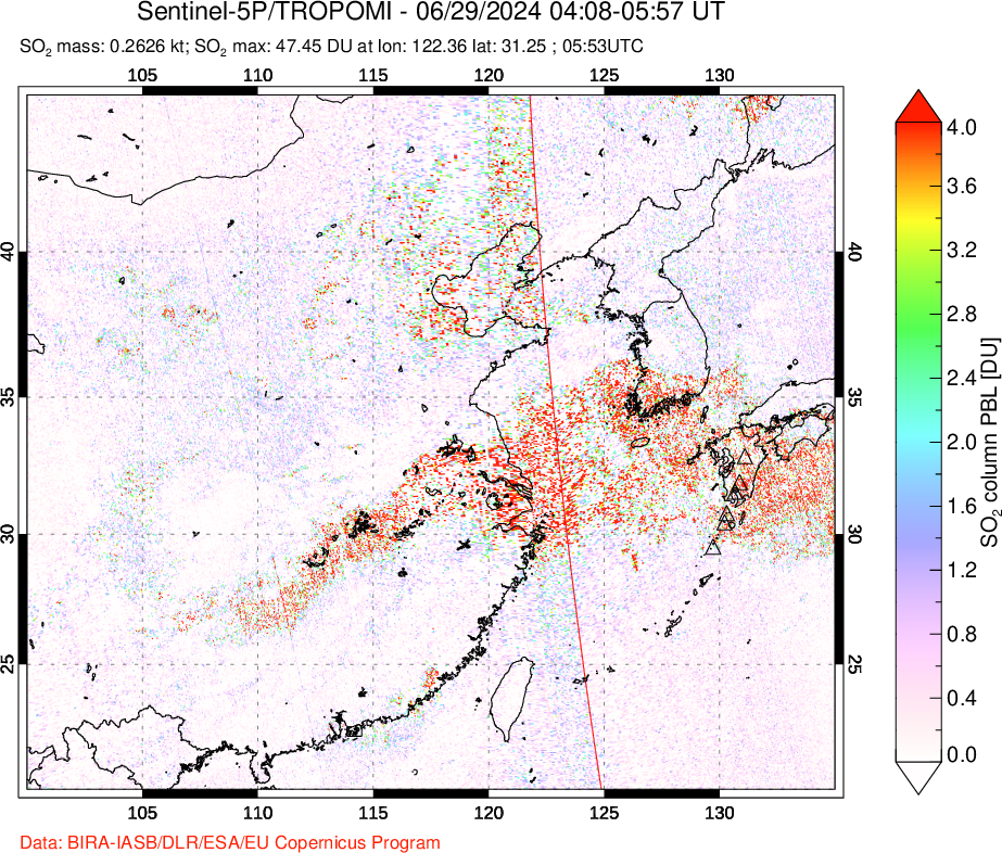 A sulfur dioxide image over Eastern China on Jun 29, 2024.