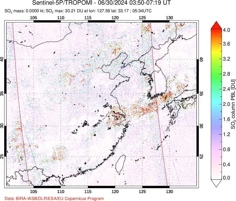 A sulfur dioxide image over Eastern China on Jun 30, 2024.