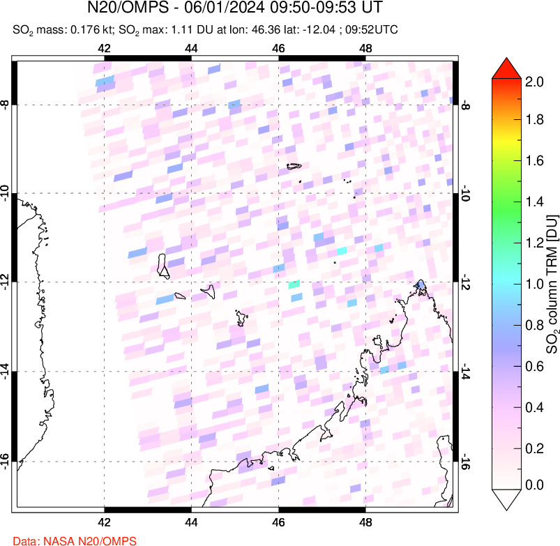 A sulfur dioxide image over Comoro Islands on Jun 01, 2024.