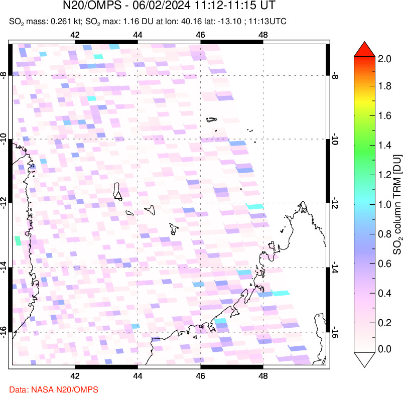 A sulfur dioxide image over Comoro Islands on Jun 02, 2024.