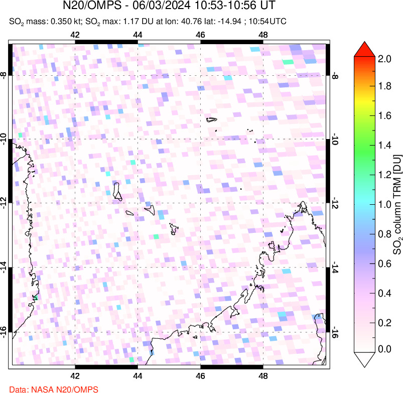 A sulfur dioxide image over Comoro Islands on Jun 03, 2024.