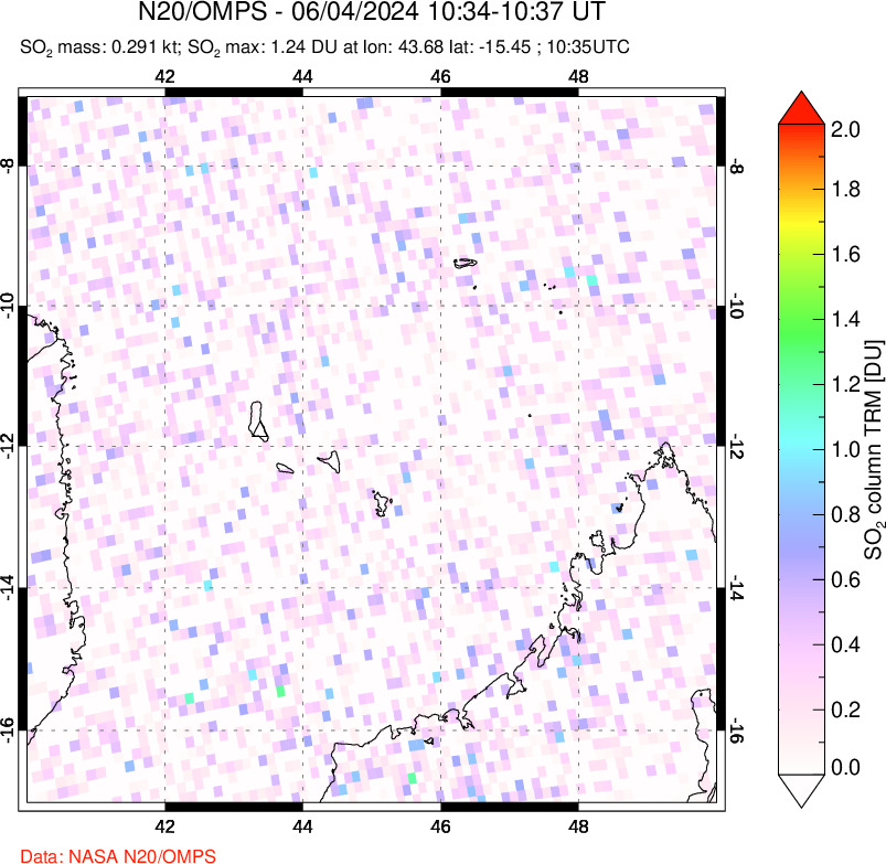 A sulfur dioxide image over Comoro Islands on Jun 04, 2024.