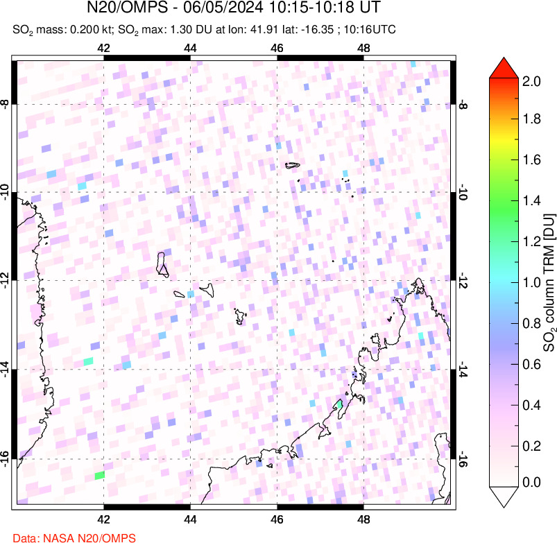 A sulfur dioxide image over Comoro Islands on Jun 05, 2024.