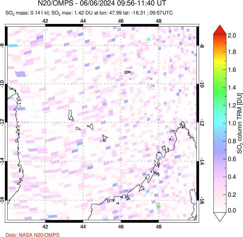 A sulfur dioxide image over Comoro Islands on Jun 06, 2024.