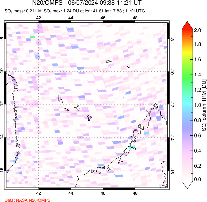 A sulfur dioxide image over Comoro Islands on Jun 07, 2024.