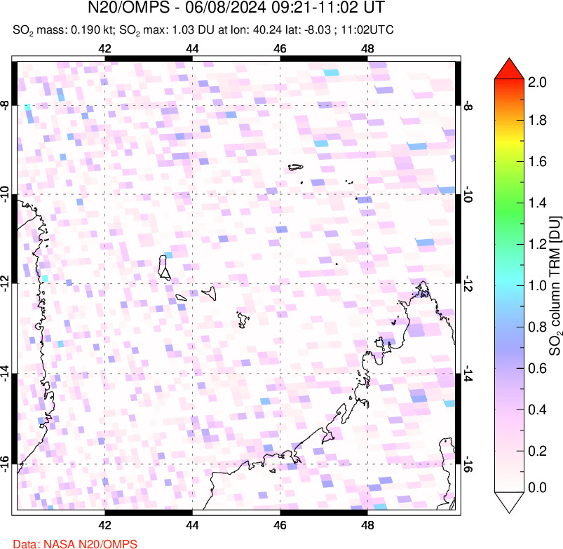 A sulfur dioxide image over Comoro Islands on Jun 08, 2024.