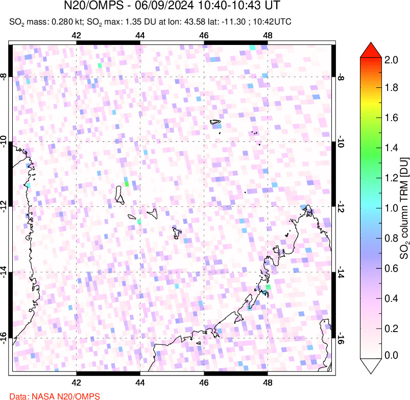 A sulfur dioxide image over Comoro Islands on Jun 09, 2024.