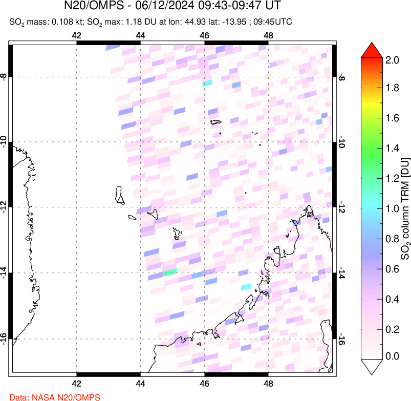 A sulfur dioxide image over Comoro Islands on Jun 12, 2024.