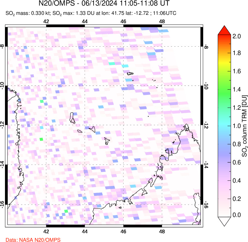 A sulfur dioxide image over Comoro Islands on Jun 13, 2024.