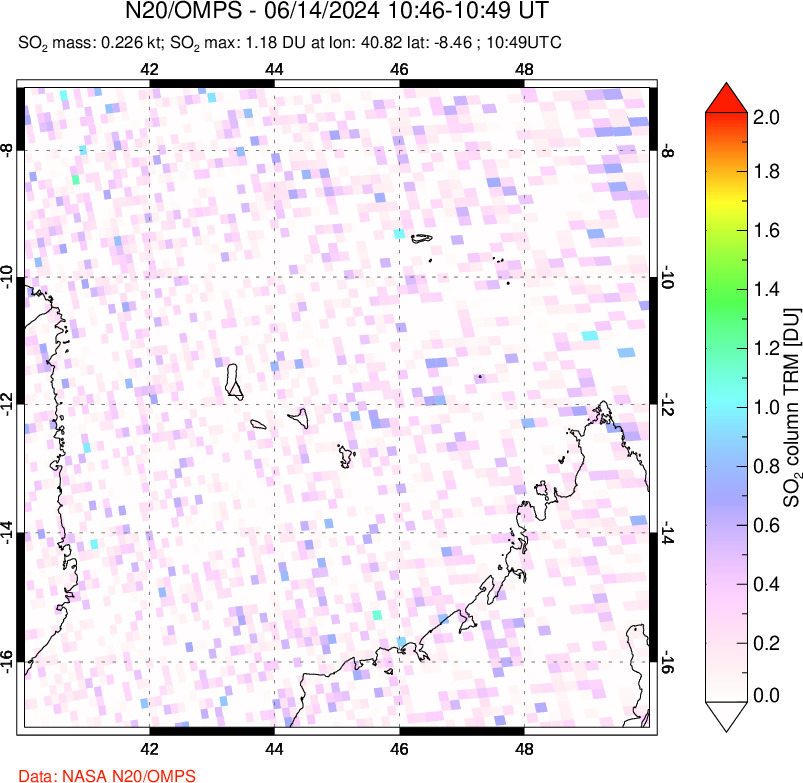 A sulfur dioxide image over Comoro Islands on Jun 14, 2024.