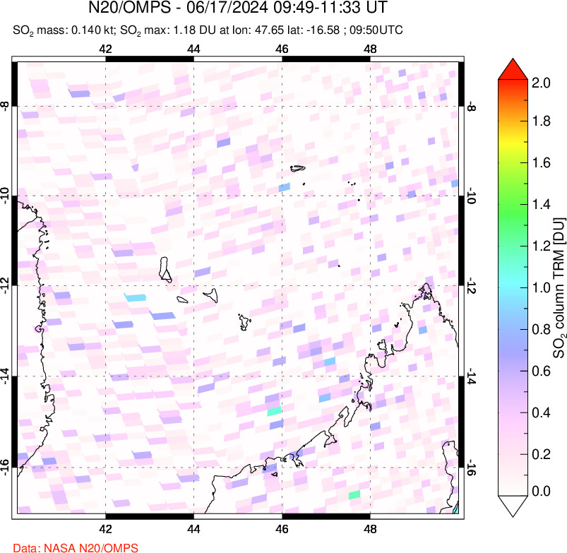 A sulfur dioxide image over Comoro Islands on Jun 17, 2024.