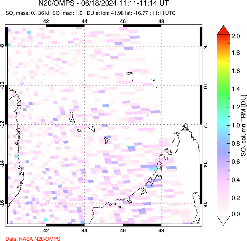 A sulfur dioxide image over Comoro Islands on Jun 18, 2024.