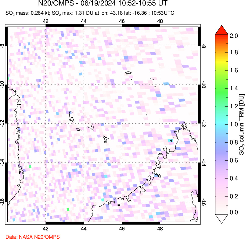 A sulfur dioxide image over Comoro Islands on Jun 19, 2024.