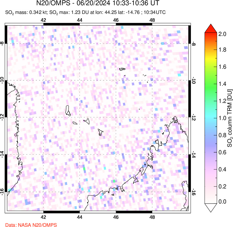 A sulfur dioxide image over Comoro Islands on Jun 20, 2024.