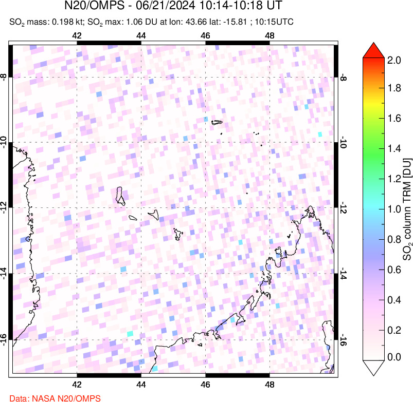 A sulfur dioxide image over Comoro Islands on Jun 21, 2024.