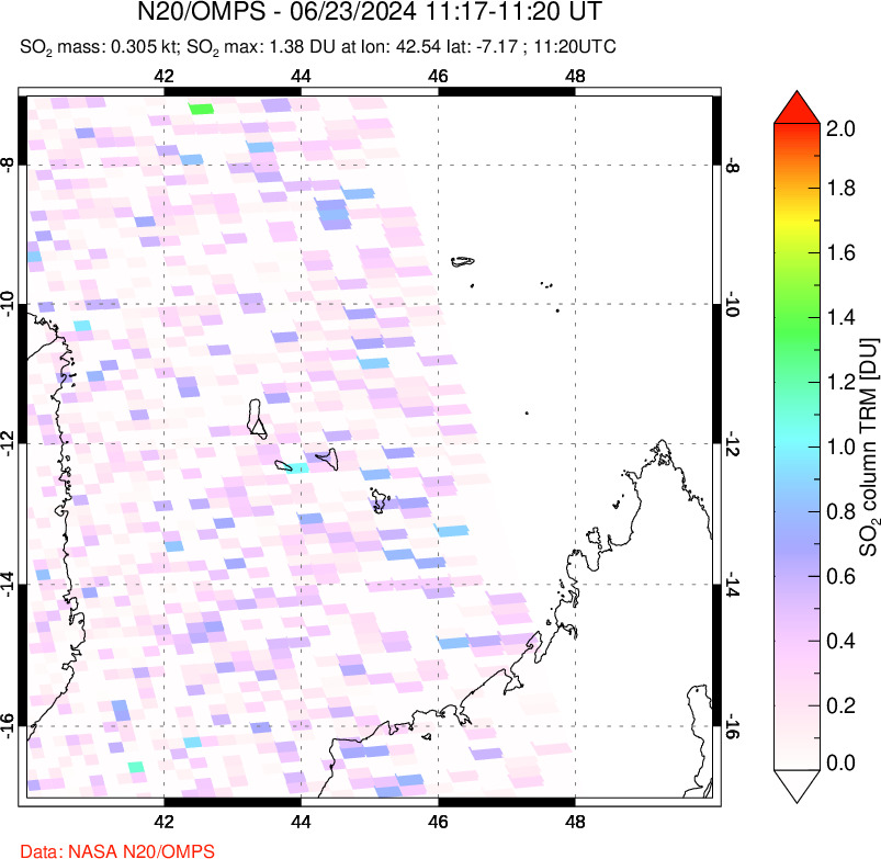 A sulfur dioxide image over Comoro Islands on Jun 23, 2024.