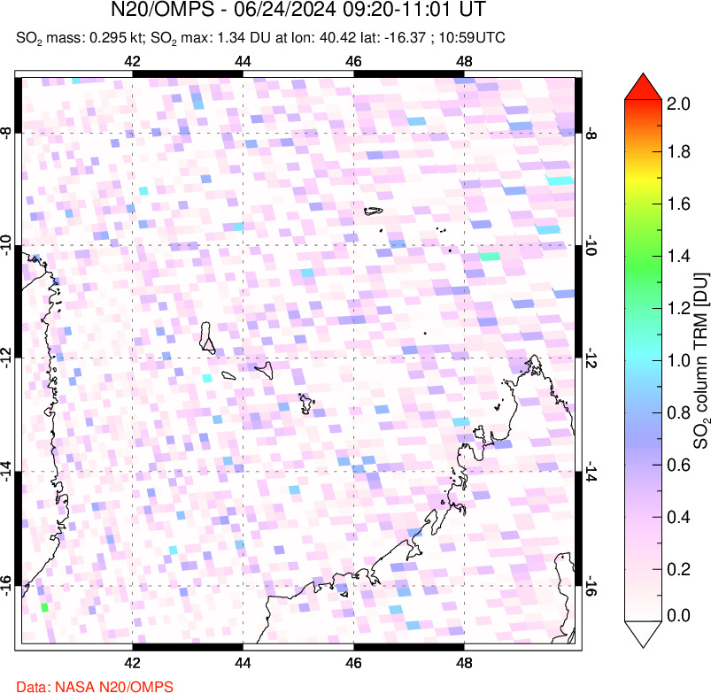 A sulfur dioxide image over Comoro Islands on Jun 24, 2024.