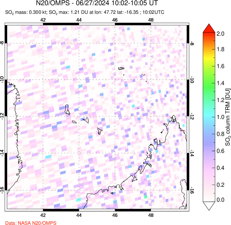 A sulfur dioxide image over Comoro Islands on Jun 27, 2024.