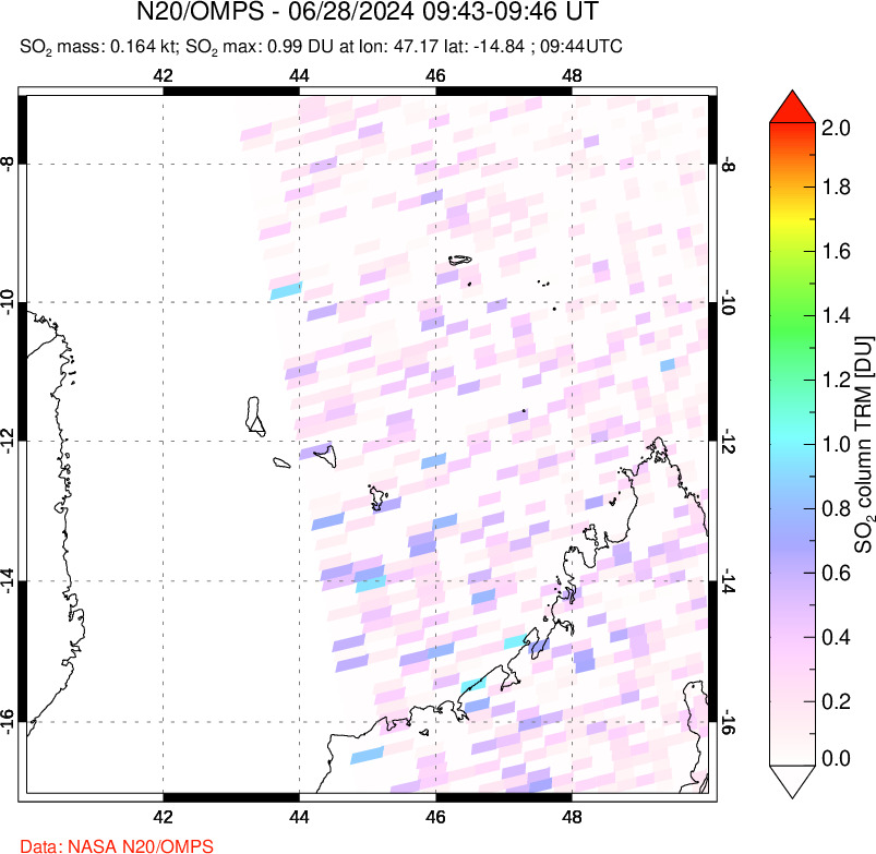 A sulfur dioxide image over Comoro Islands on Jun 28, 2024.