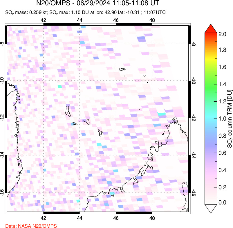 A sulfur dioxide image over Comoro Islands on Jun 29, 2024.