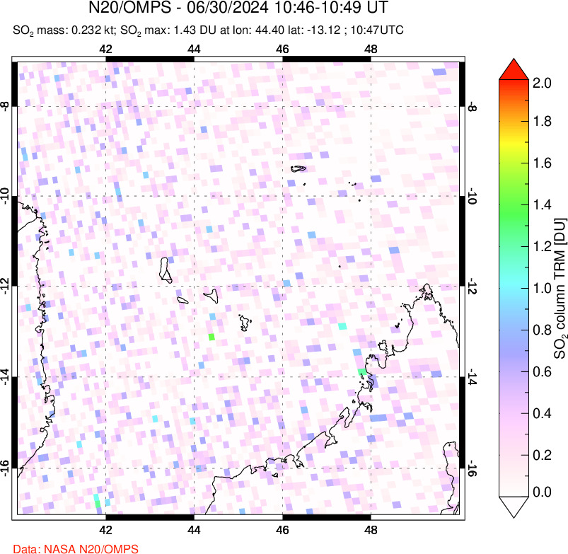 A sulfur dioxide image over Comoro Islands on Jun 30, 2024.