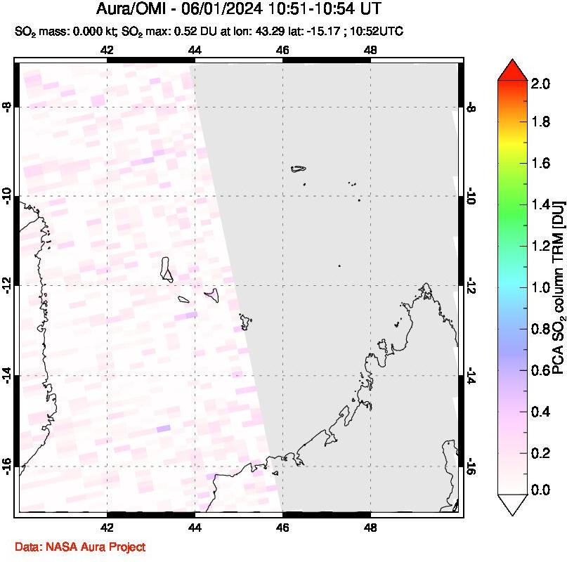 A sulfur dioxide image over Comoro Islands on Jun 01, 2024.