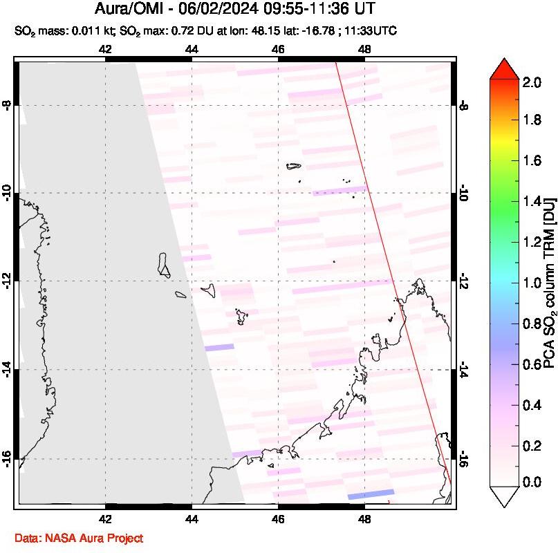 A sulfur dioxide image over Comoro Islands on Jun 02, 2024.