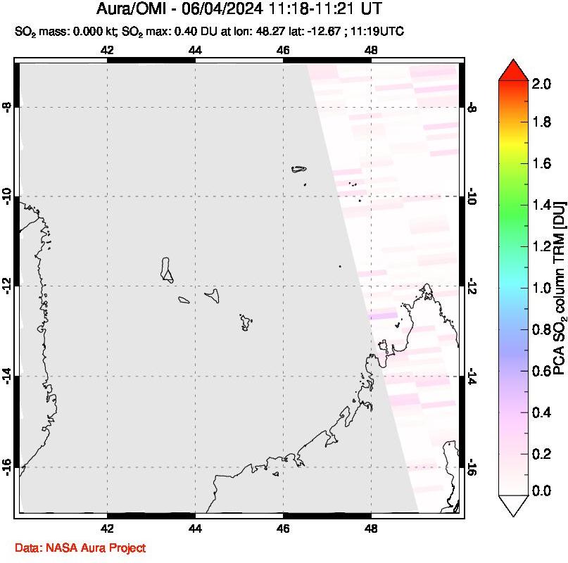 A sulfur dioxide image over Comoro Islands on Jun 04, 2024.