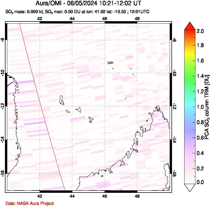 A sulfur dioxide image over Comoro Islands on Jun 05, 2024.