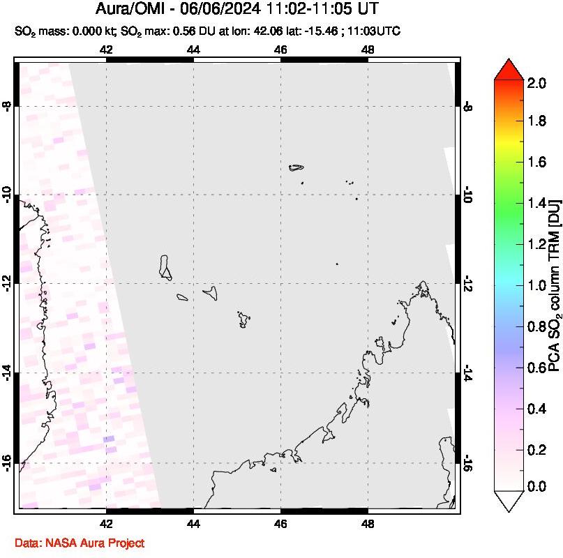 A sulfur dioxide image over Comoro Islands on Jun 06, 2024.