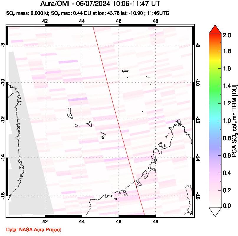 A sulfur dioxide image over Comoro Islands on Jun 07, 2024.