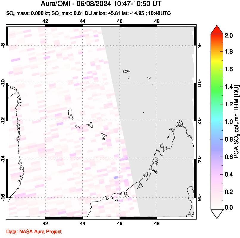 A sulfur dioxide image over Comoro Islands on Jun 08, 2024.