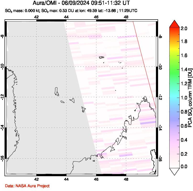 A sulfur dioxide image over Comoro Islands on Jun 09, 2024.