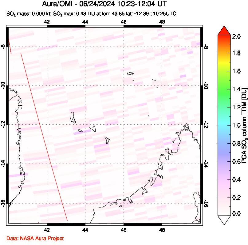 A sulfur dioxide image over Comoro Islands on Jun 24, 2024.