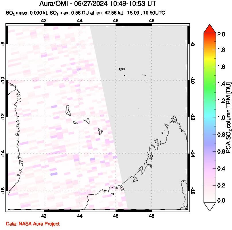 A sulfur dioxide image over Comoro Islands on Jun 27, 2024.