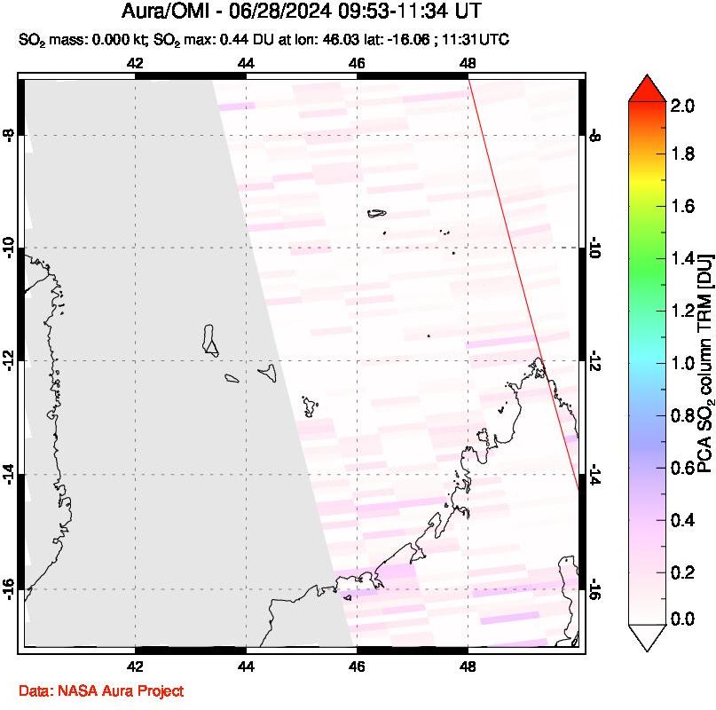 A sulfur dioxide image over Comoro Islands on Jun 28, 2024.