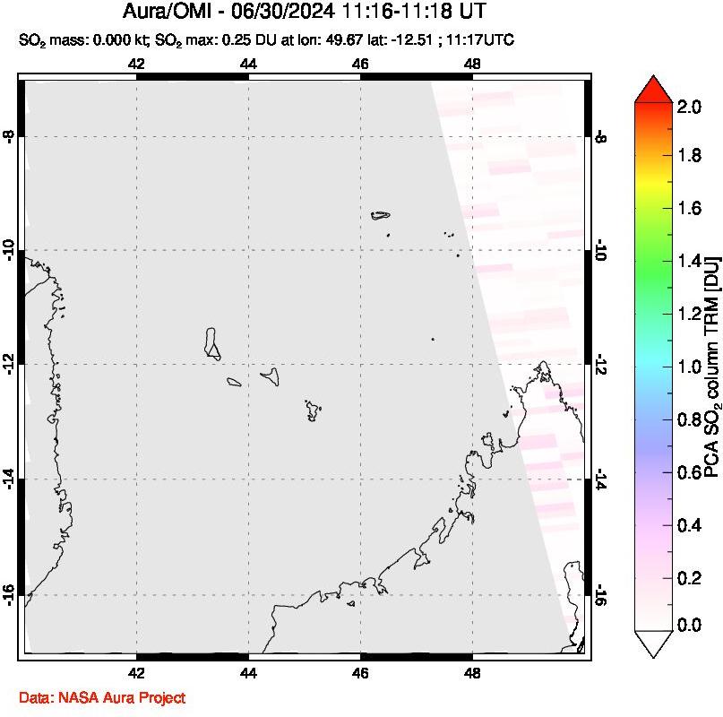 A sulfur dioxide image over Comoro Islands on Jun 30, 2024.