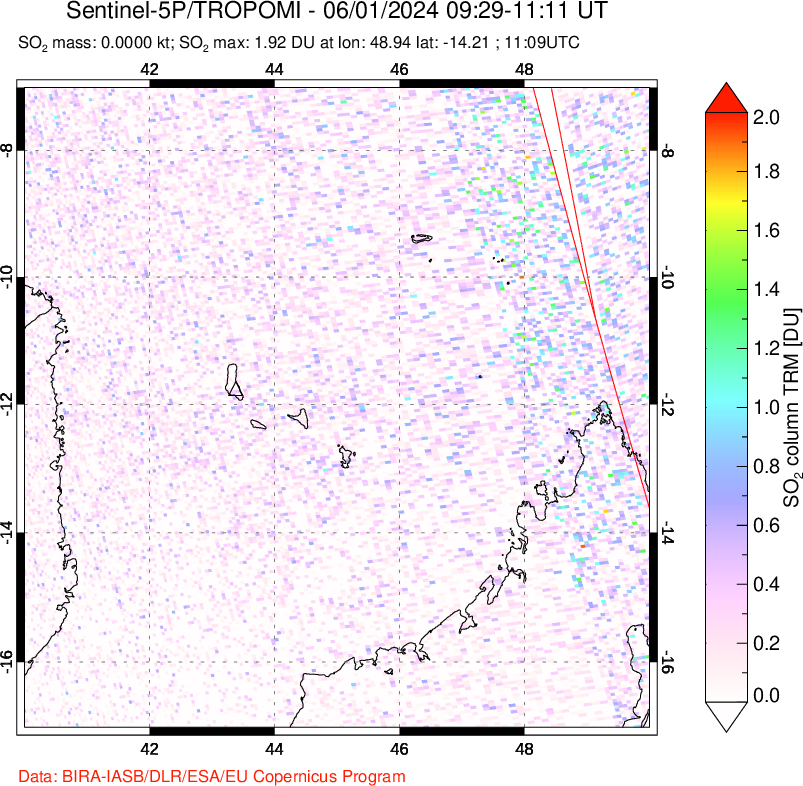 A sulfur dioxide image over Comoro Islands on Jun 01, 2024.