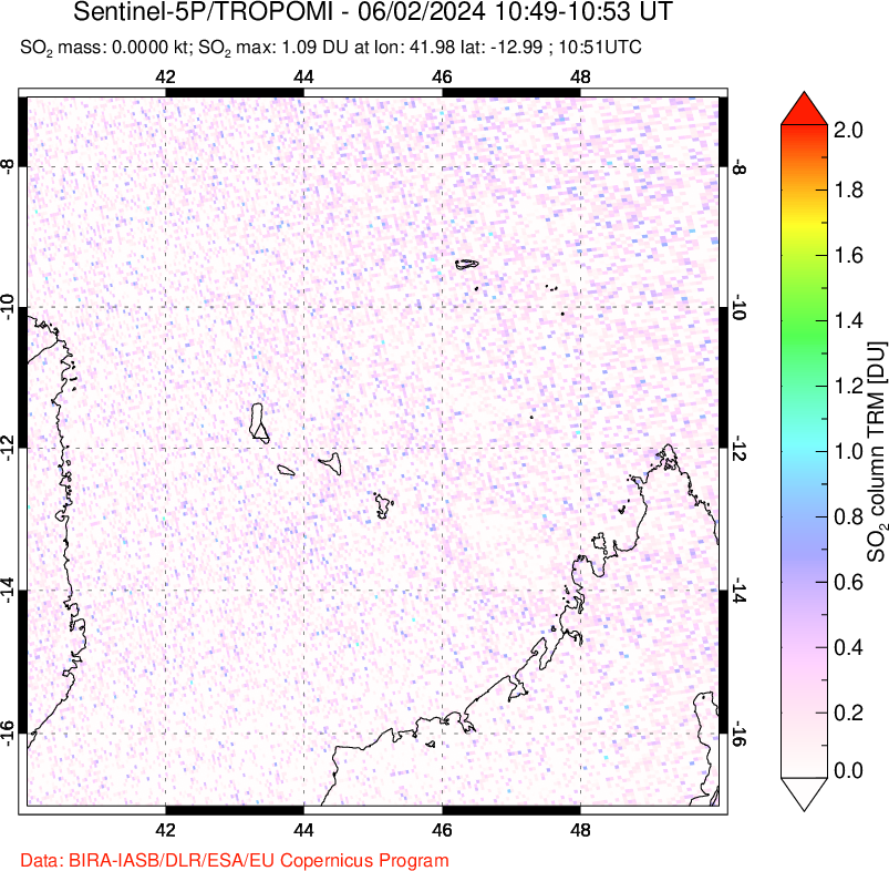 A sulfur dioxide image over Comoro Islands on Jun 02, 2024.