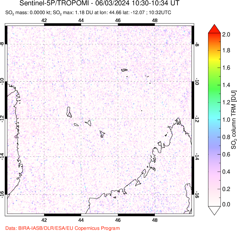 A sulfur dioxide image over Comoro Islands on Jun 03, 2024.