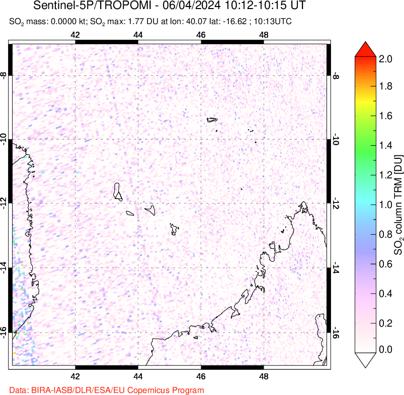 A sulfur dioxide image over Comoro Islands on Jun 04, 2024.