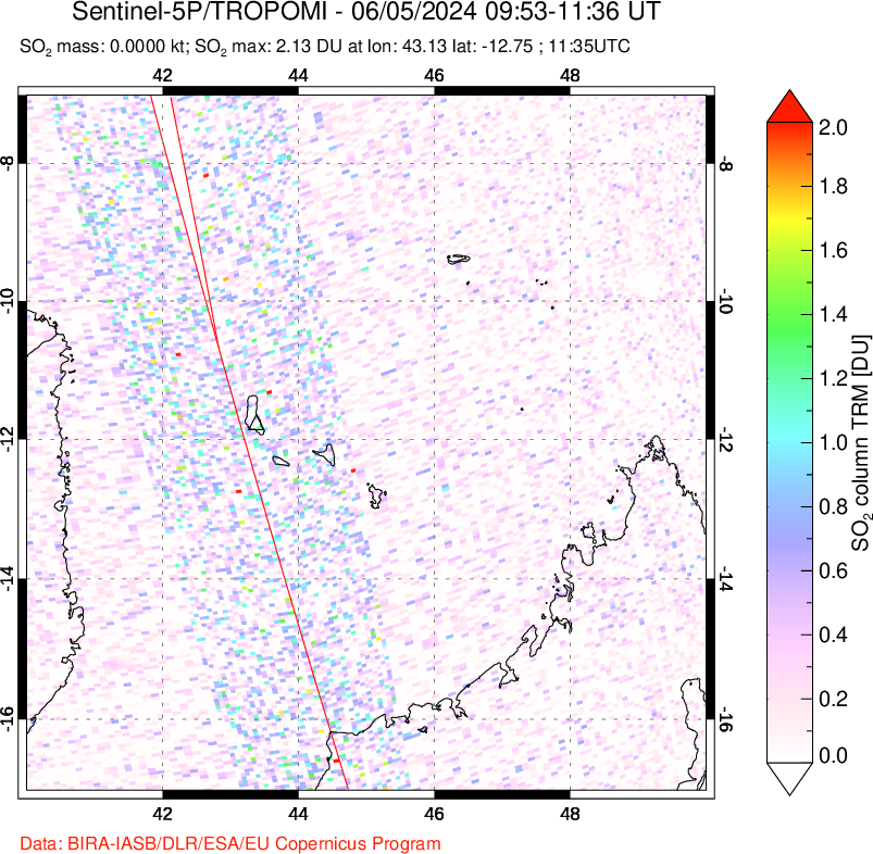 A sulfur dioxide image over Comoro Islands on Jun 05, 2024.