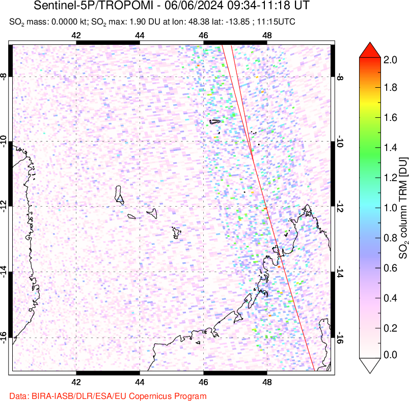 A sulfur dioxide image over Comoro Islands on Jun 06, 2024.