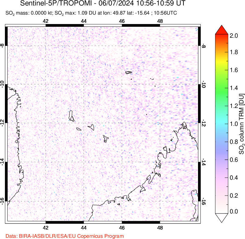 A sulfur dioxide image over Comoro Islands on Jun 07, 2024.