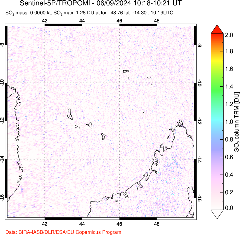 A sulfur dioxide image over Comoro Islands on Jun 09, 2024.