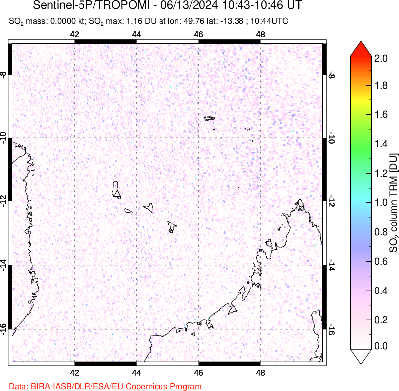 A sulfur dioxide image over Comoro Islands on Jun 13, 2024.