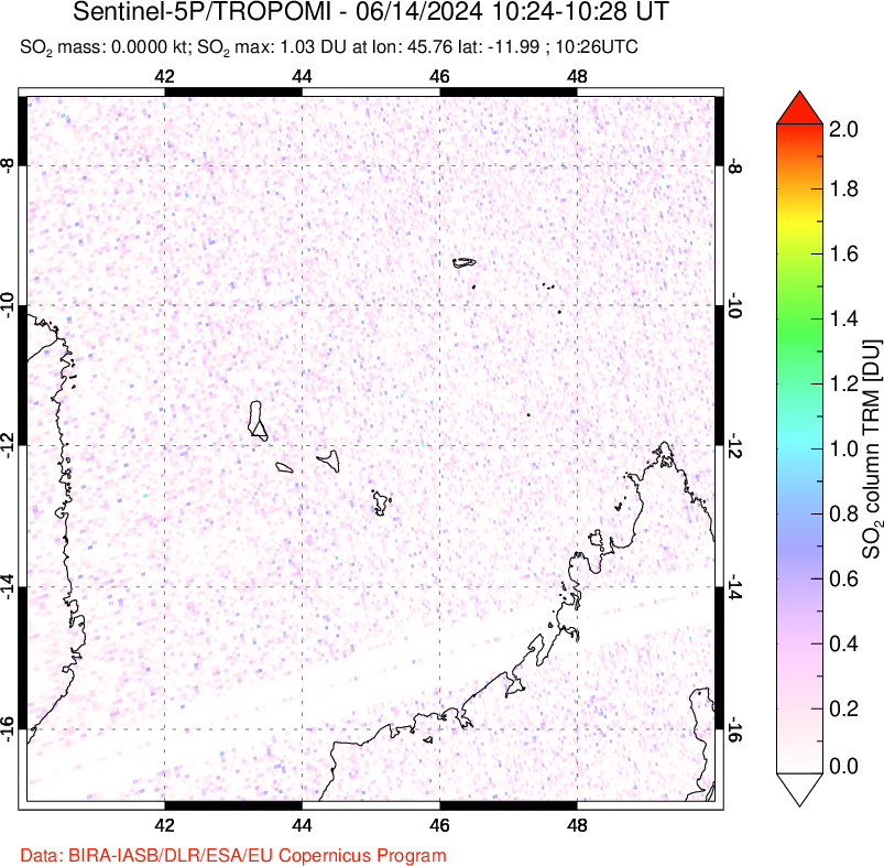 A sulfur dioxide image over Comoro Islands on Jun 14, 2024.