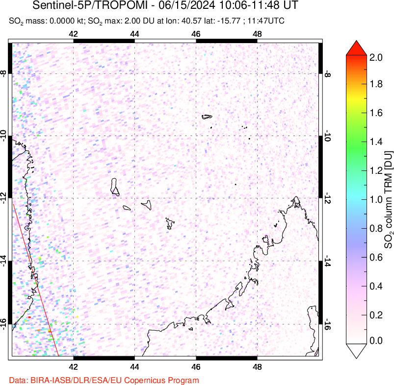 A sulfur dioxide image over Comoro Islands on Jun 15, 2024.