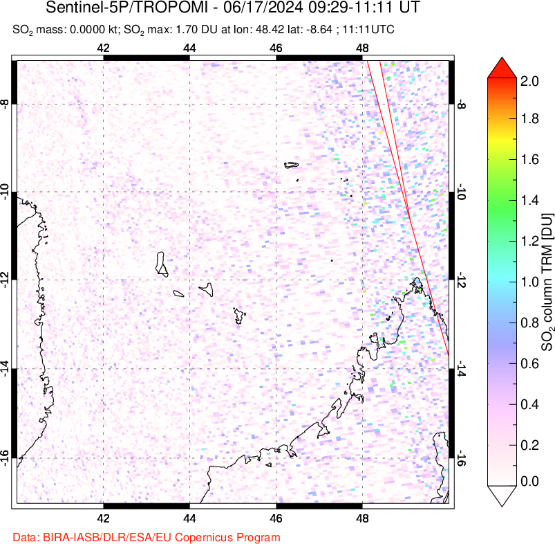 A sulfur dioxide image over Comoro Islands on Jun 17, 2024.