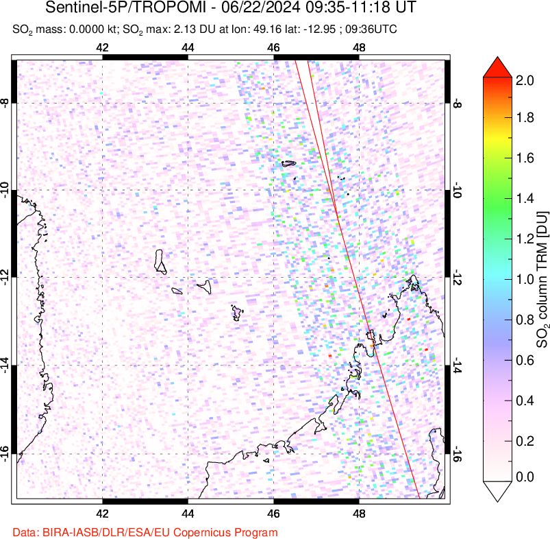 A sulfur dioxide image over Comoro Islands on Jun 22, 2024.